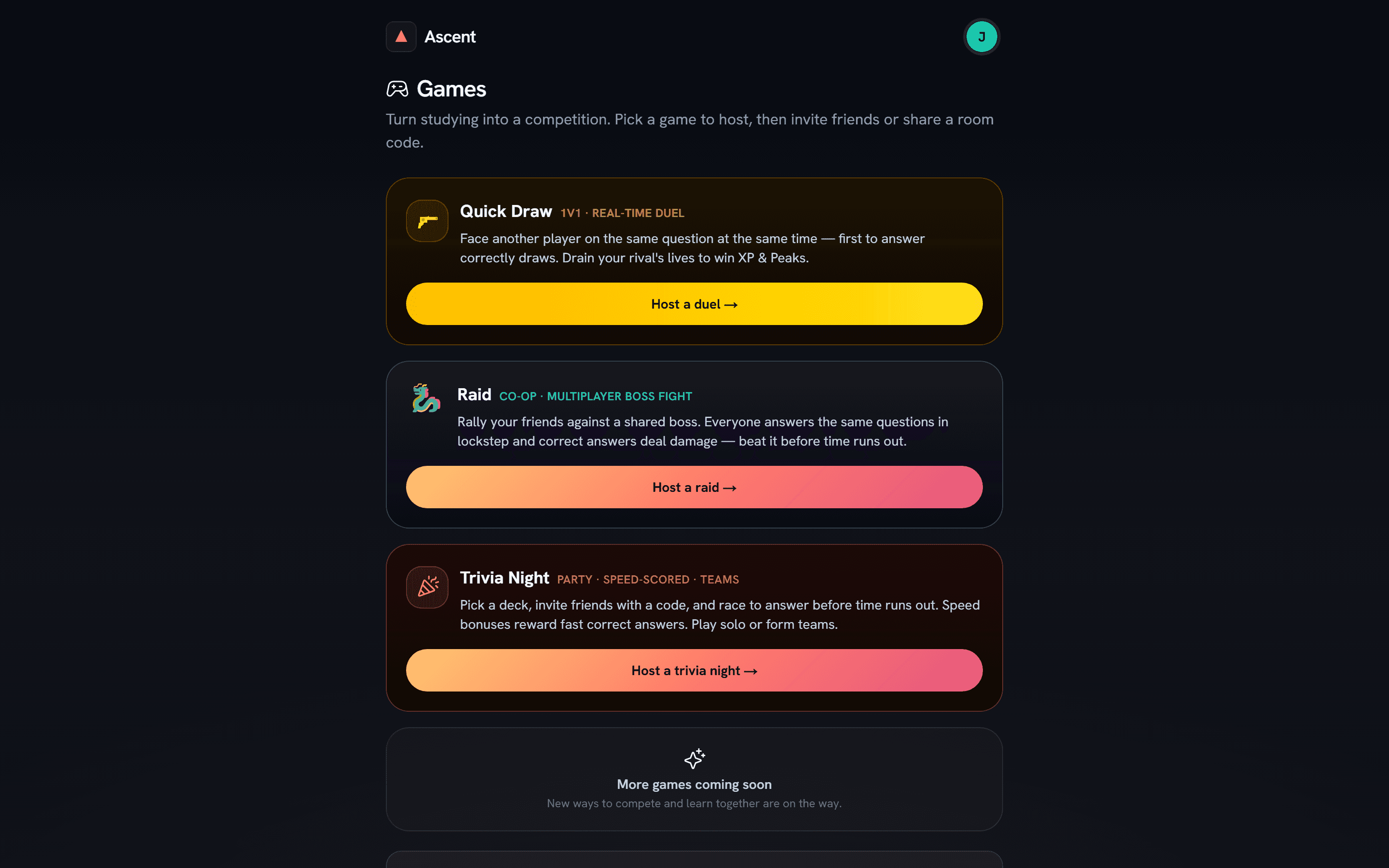 Ascent games page showing Quick Draw duels, co-op Raid boss fights, and Trivia Night