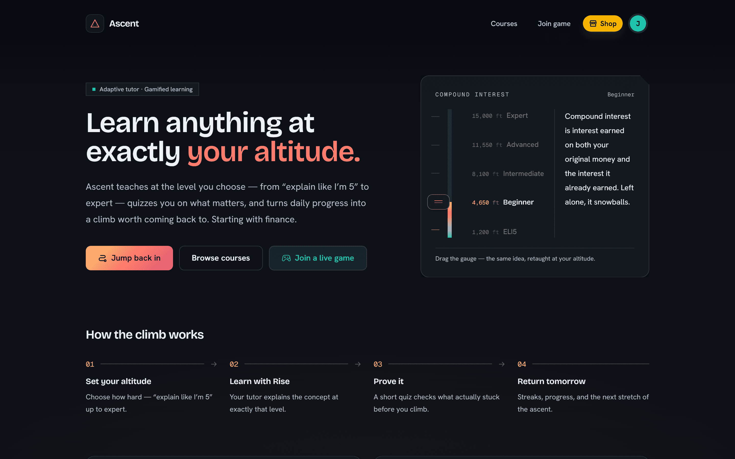 Ascent landing page with the altitude slider teaching compound interest at five difficulty levels