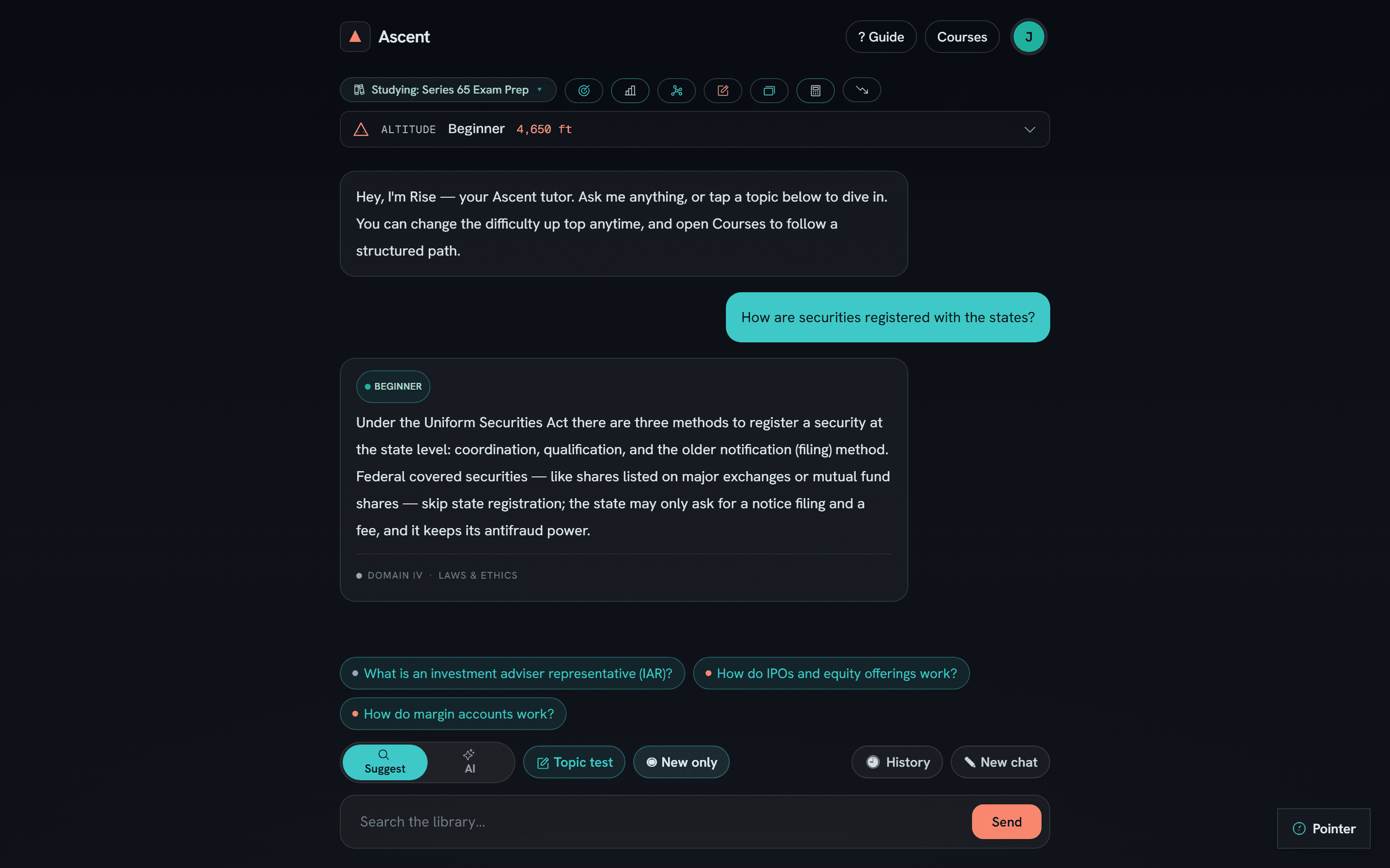 Ascent's tutor Rise answering a finance licensing-exam question at beginner level, with suggested follow-up questions listed below the answer
