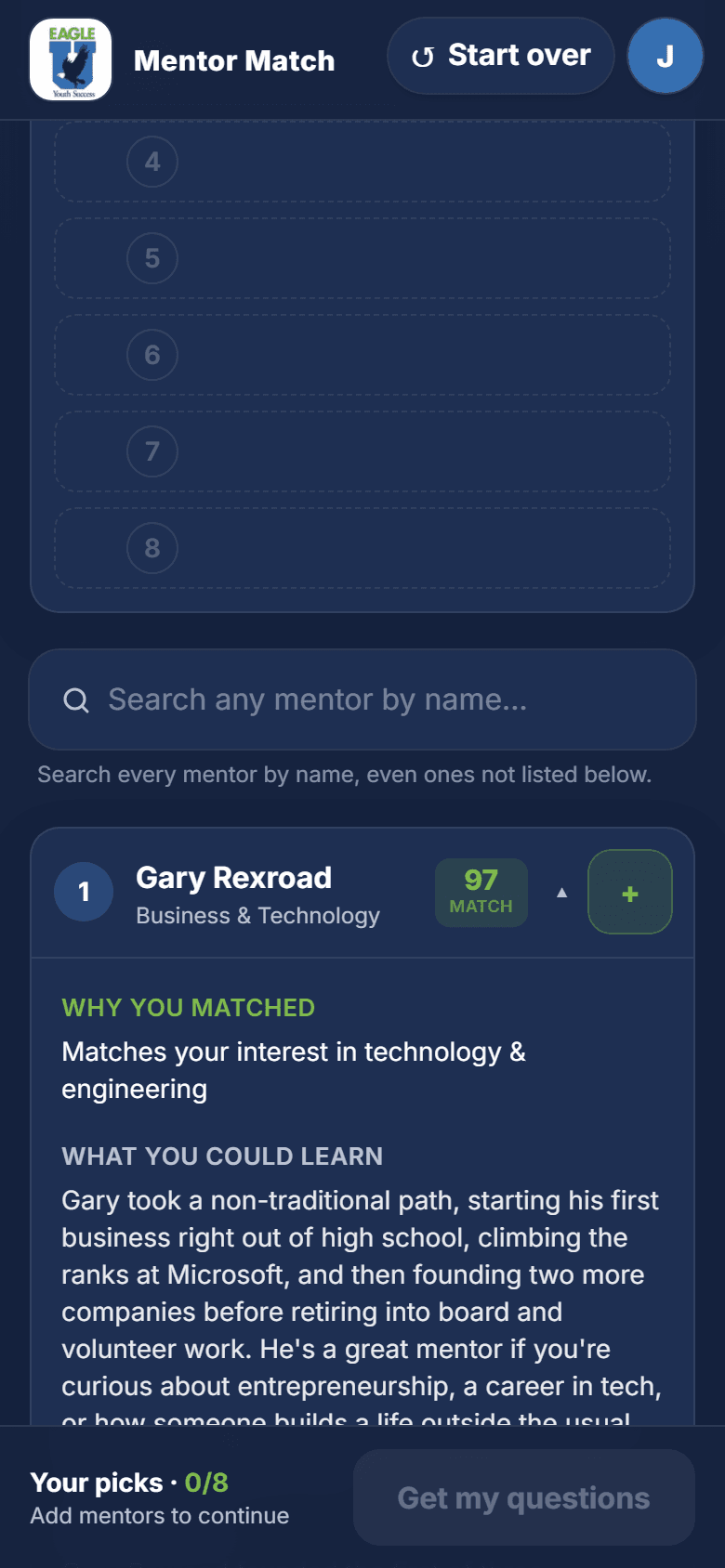 Eagle U Mentor Match results screen showing a ranked mentor with a 97 percent match score and a plain-language reason for the match