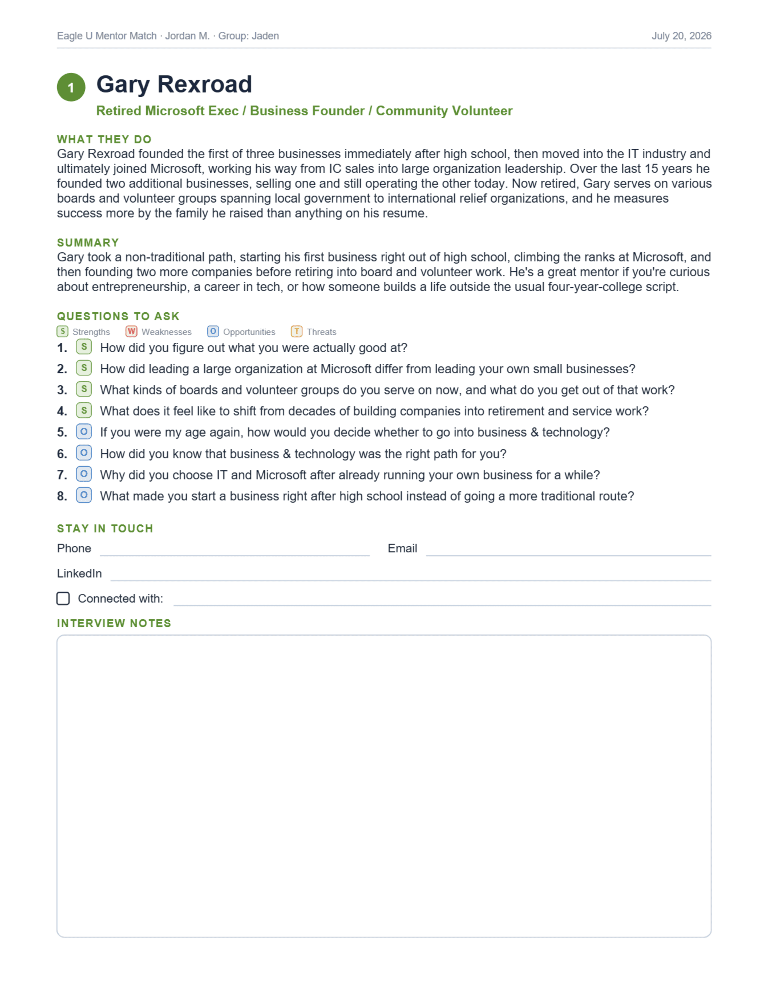 The downloadable one-page PDF a student takes to the table: the mentor's brief, the tailored questions, contact fields, and a large interview-notes box
