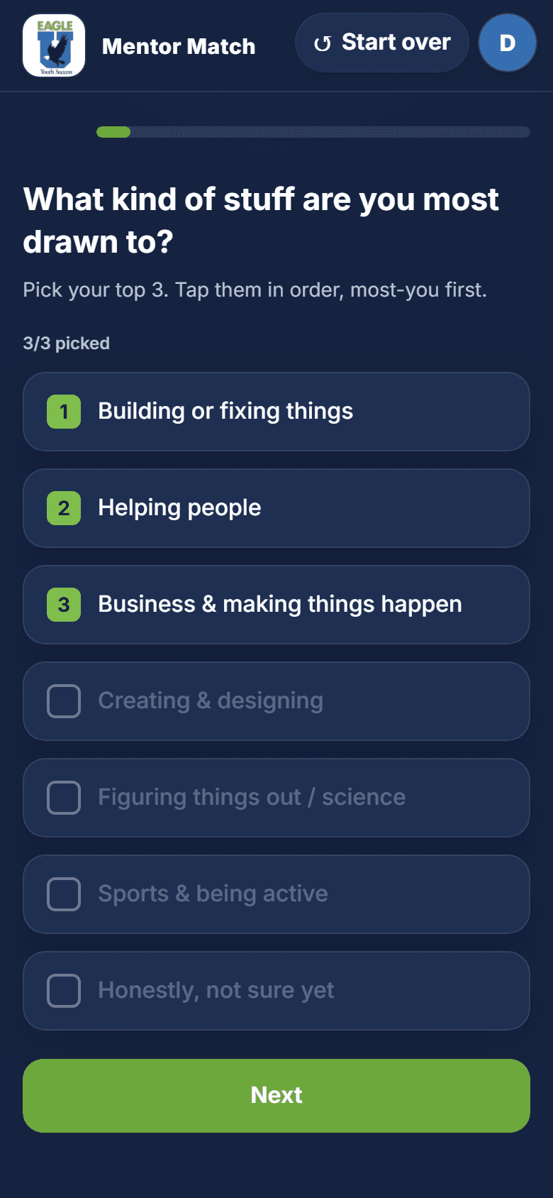 Eagle U Mentor Match questionnaire asking what a student is most drawn to