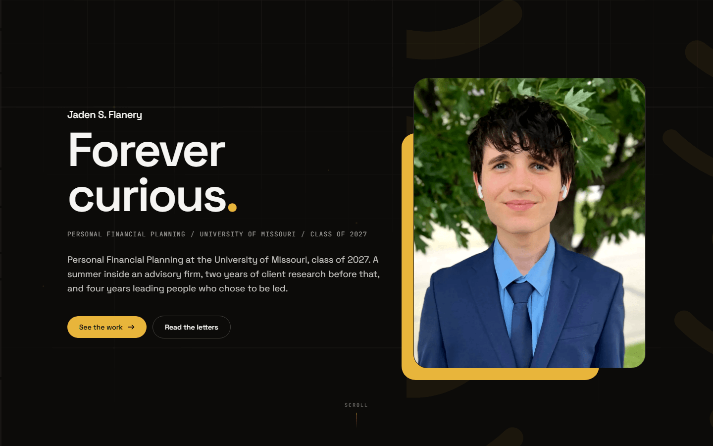 jadenflanery.com hero: the words Forever curious in white with a gold period, a portrait in a navy suit under a tree, and a gold offset frame