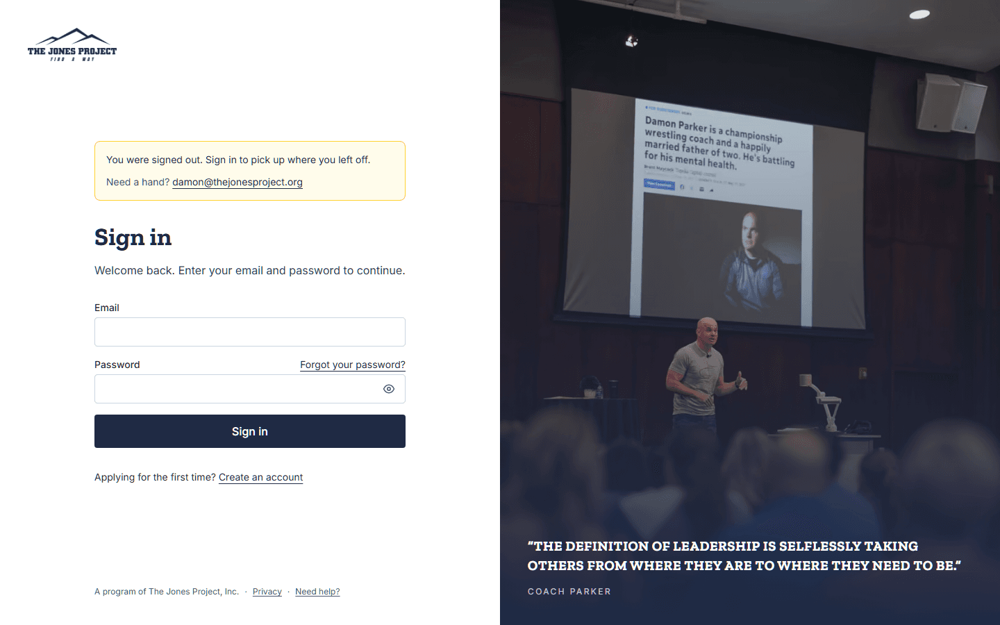 The Leadership Academy sign-in page beside a photo of Coach Parker speaking to a full room