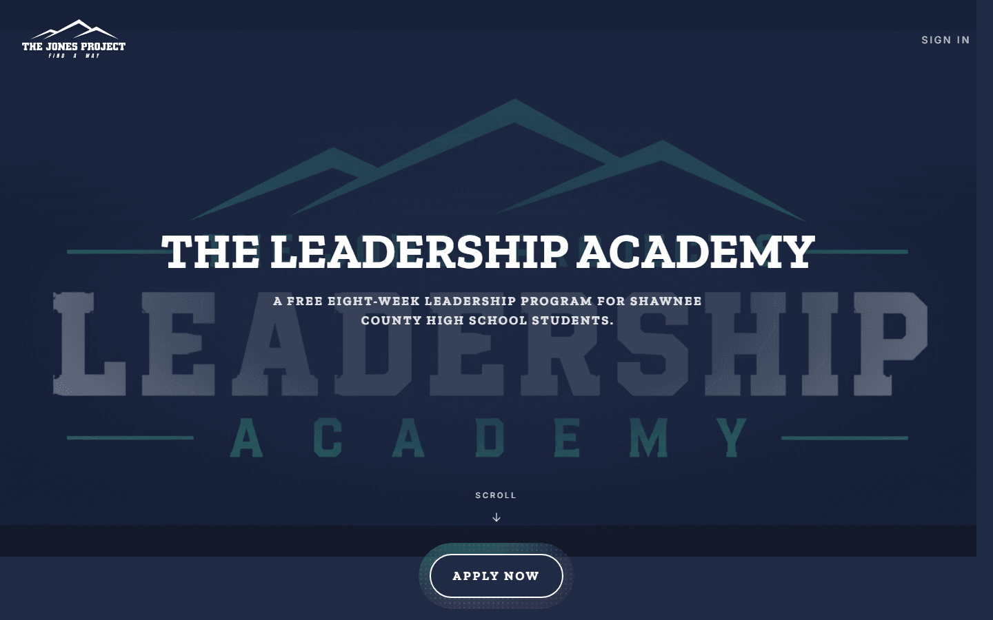 The Leadership Academy landing page: navy background, mountain mark, a free eight-week leadership program for Shawnee County high school students, and an Apply Now button