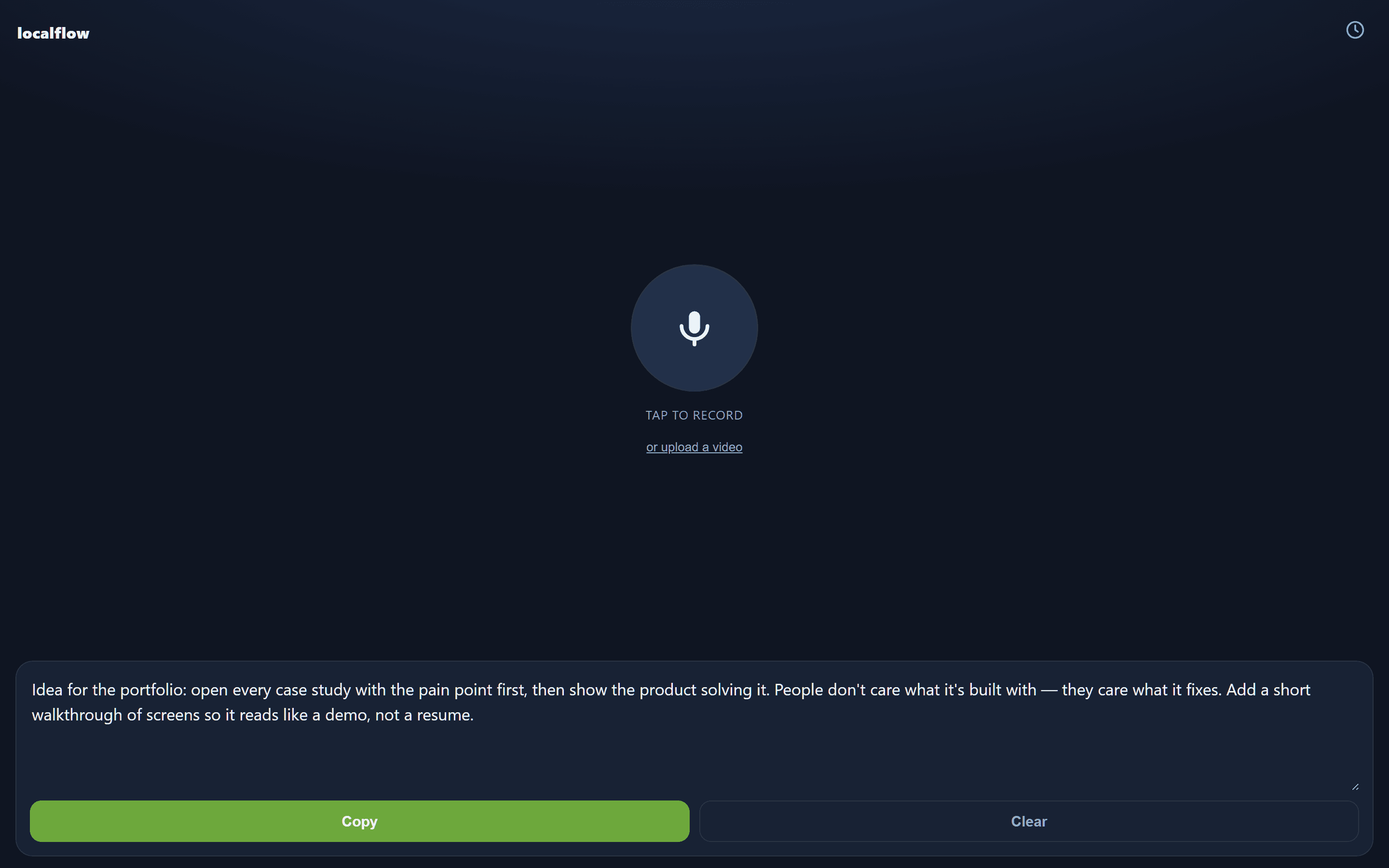 LocalFlow showing a single voice note cleaned up into clear written text, with a copy button