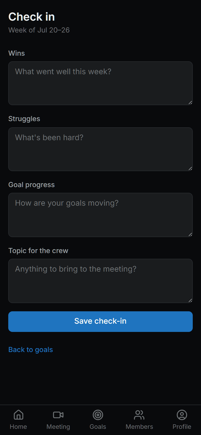 Momentum weekly check-in form with fields for wins, struggles, goal progress, and a topic for the crew