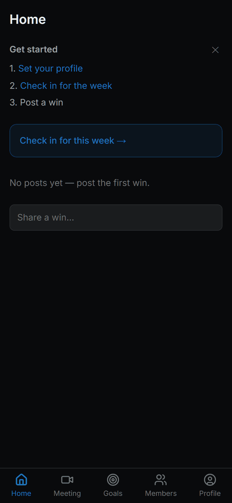 Momentum home feed on a phone, night theme, with a getting-started checklist and a field to share a win