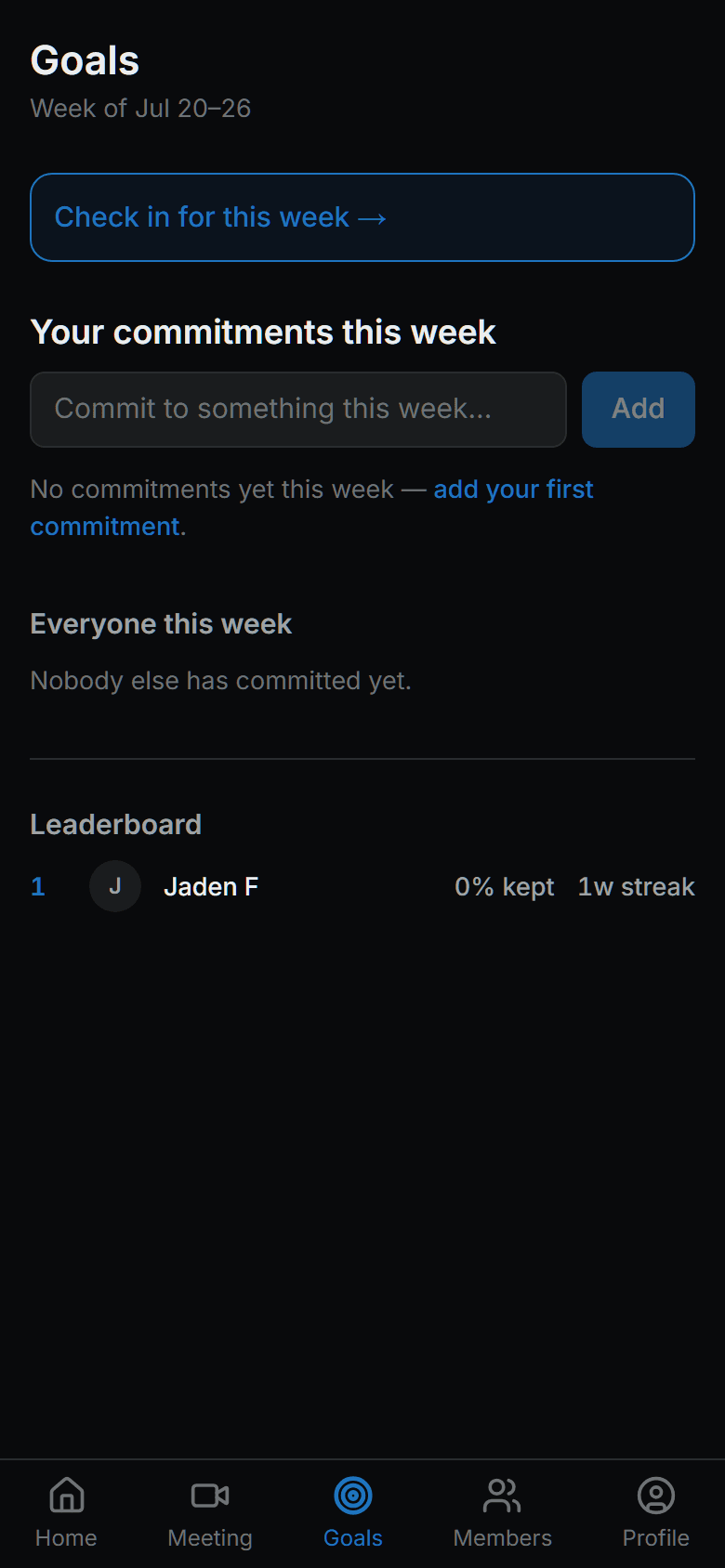 Momentum goals page with weekly commitments and a kept-rate leaderboard